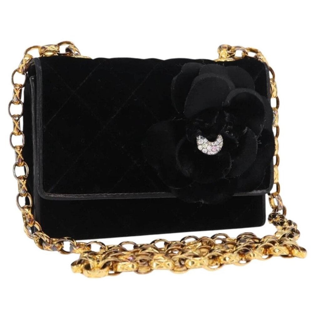 CHANEL Matelasse Chain Camelia Shoulder Bag Velor Black Gold CC Auth 158865V